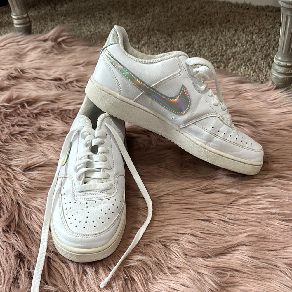 White Sneakers with Iridescent Swoosh